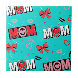 Helder Turquoise MOM Harten Strikjes Pop Patroon Tegeltje