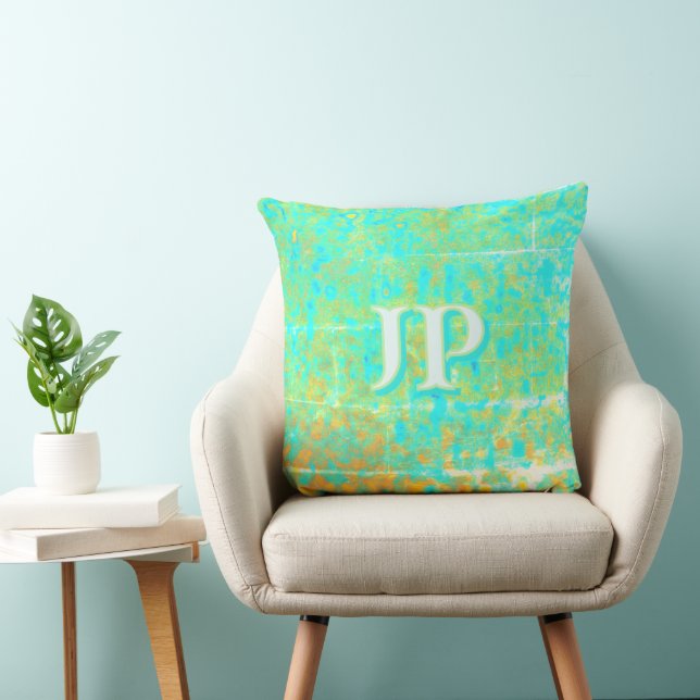 Helder Turquoise Vervaaide Oceaan Textuur Monogram Kussen (Stoel)