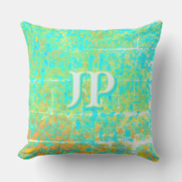 Helder Turquoise Vervaaide Oceaan Textuur Monogram Kussen