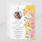 Helder vet geel bloemige initialen foto bruiloft kaart (Voorkant)