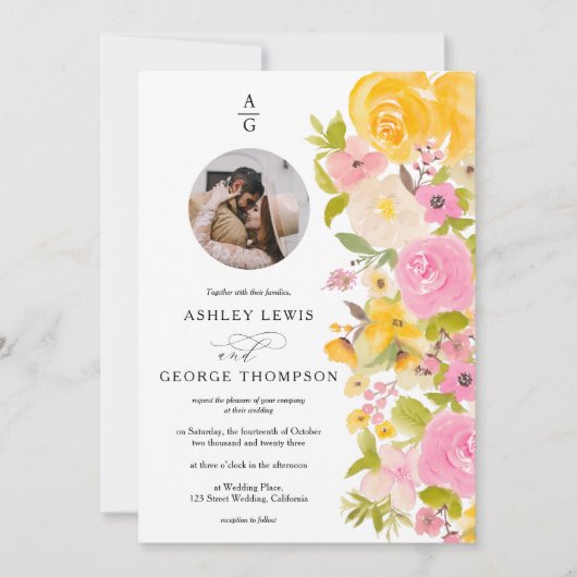 Helder vet geel bloemige initialen foto bruiloft kaart (Voorkant)