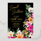 Helder vet wild bloemen script Sweet 16 Folie Uitnodiging (Voorkant)