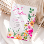 Helder vet wild bloemen script Sweet 16 Kaart<br><div class="desc">Elegante heldere en gedurfde zomerbloemenillustratie met  oversized wilde bloemenscript en penseelscript sweet 16 verjaardagsfeestuitnodiging met een moderne kalligrafie typografie met felle neonroze,  oranje,  groene en gele bloempjes op een bewerkbare witte achtergrond.</div>