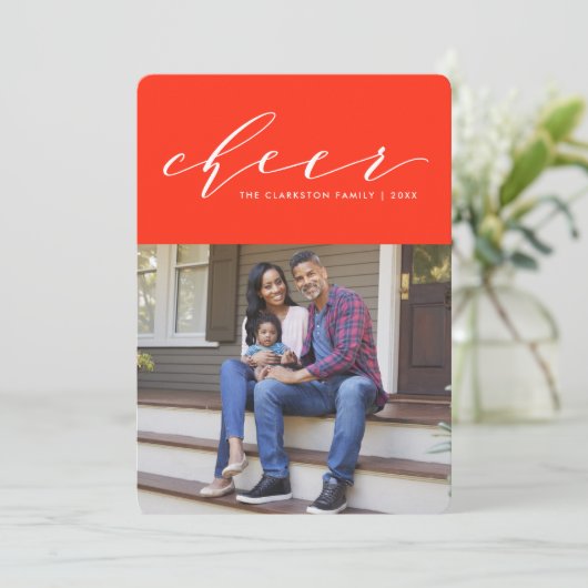 Helder vrolijk leuk script rode vakantie fotokaart feestdagenkaart (Staand voorkant)