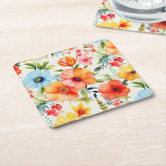 Helder vrolijk waterverf klaproos bloemenserviette kartonnen onderzetters (Schuin)