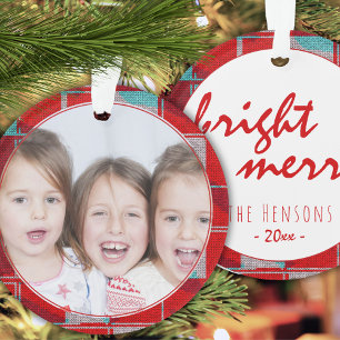 Helder vrolijke rode brei breien familie foto ornament