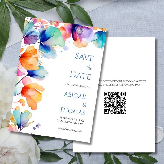 Helder Waterverf Bloem Moderne QR Code Trouwen Save The Date