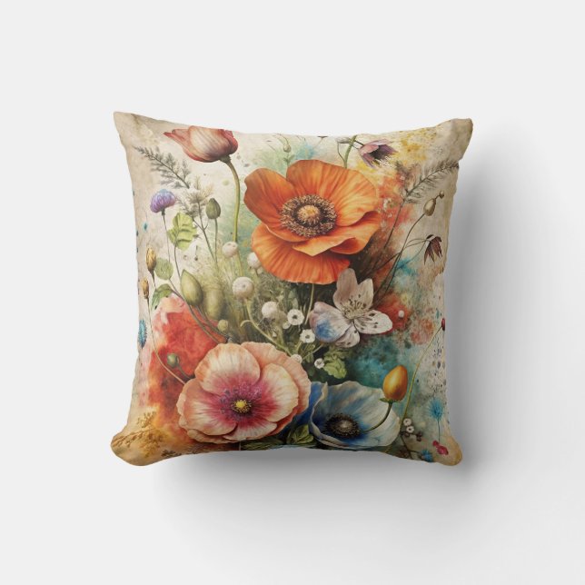 Helder waterverf wilde bloemen kussen (Voorkant)