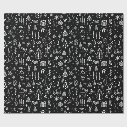 Helder wit Zwart Boho Kerstbomen Sneeuwman Cadeaupapier (Vlak)