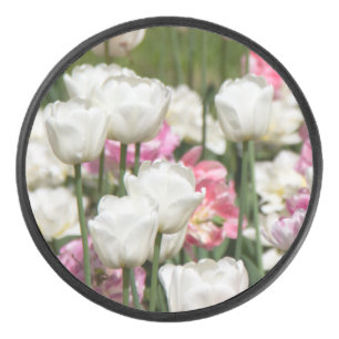 Helder witte en roze tulpen op een zonnige dag hockey puck