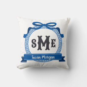 Helder Zeil Blauw Griekse Sleutel Boog Monogram Kussen