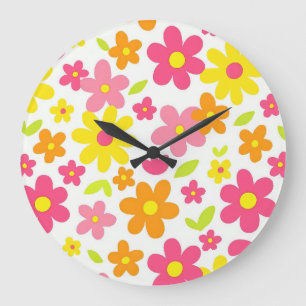 Helder Zomer Bloemendek Retro Roze en Gele Patroon Grote Klok
