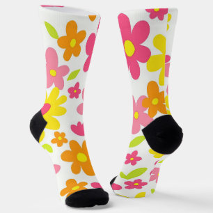 Helder Zomer Bloemendek Retro Roze en Gele Patroon Sokken