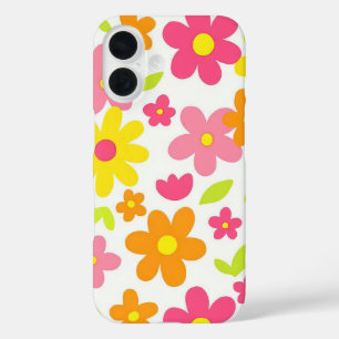 Helder Zomer Bloemmotief Retro Roze en Gele Patron iPhone 16 Hoesje