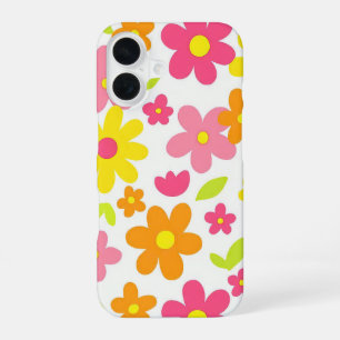 Helder Zomer Bloemmotief Retro Roze en Gele Patron iPhone 16 Hoesje
