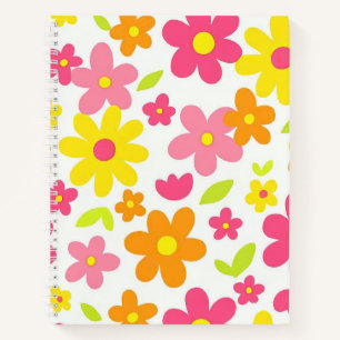 Helder Zomer Bloemmotief Retro Roze en Gele Patron Notitieboek