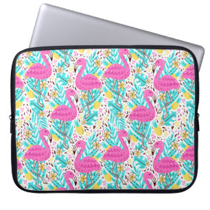 Helder zomerpatroon met flamingo, harten, ijs-c laptop sleeve