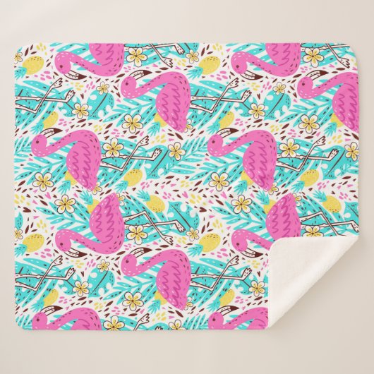 Helder zomerpatroon met flamingo, harten, ijs-c sherpa deken (Voorkant (horizontaal))