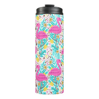 Helder zomerpatroon met flamingo, harten, ijs-c thermosbeker
