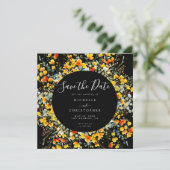 Helder zwart bloemenvierkant bruiloft save the date (Staand voorkant)