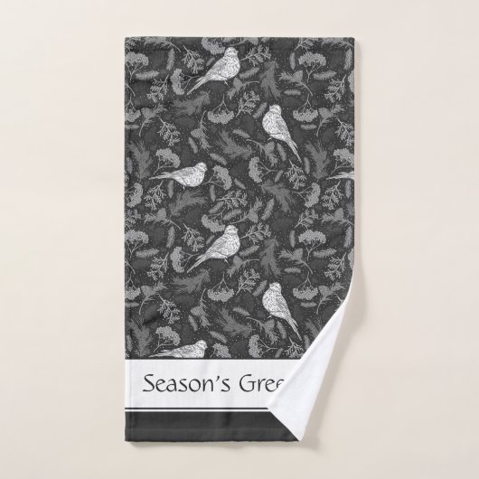 Helder zwart en winter witte vogels bloemenpatroon bad handdoek (Handdoek)