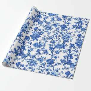 Helderblauw bloemmotief Tuinfeest Inpakpapier