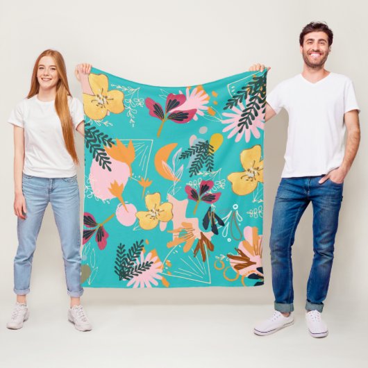 Helderblauw bloempatroon voor haar abstracte roze  fleece deken (In situ)