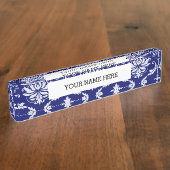 Helderblauw Damaspatroon Naambordje (Zijkant)