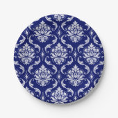 Helderblauw Damaspatroon Papieren Bordje (Voorkant)