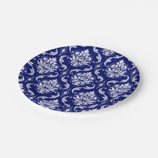 Helderblauw Damaspatroon Papieren Bordje (Gekanteld)