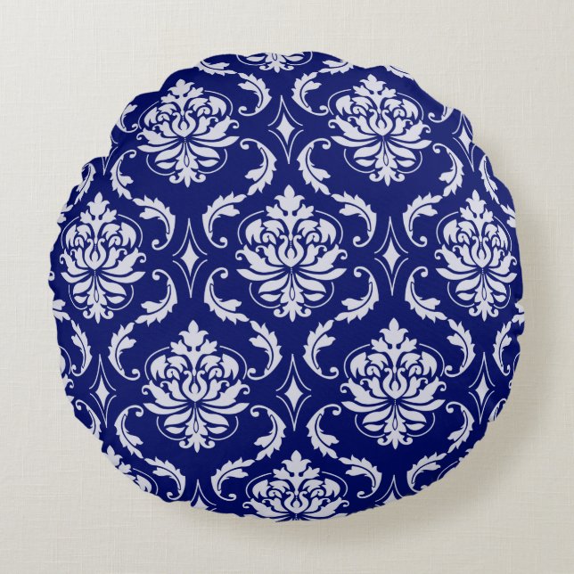 Helderblauw Damaspatroon Rond Kussen (Voorkant)