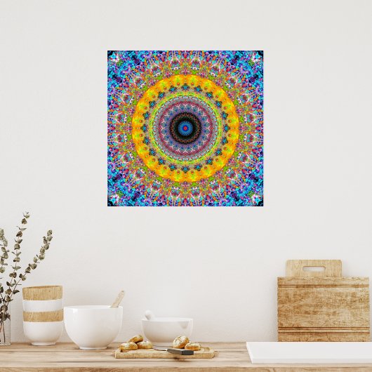 Helderblauw en geel Mandala Poster (Keuken)