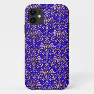 Helderblauw en gouden fantasie damastpatroon iPhone 11 hoesje