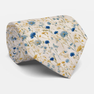 Helderblauw en gouden Wildflower bruiloft Stropdas