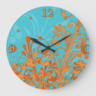 Helderblauw en Oranje Floral Wall Clock Grote Klok