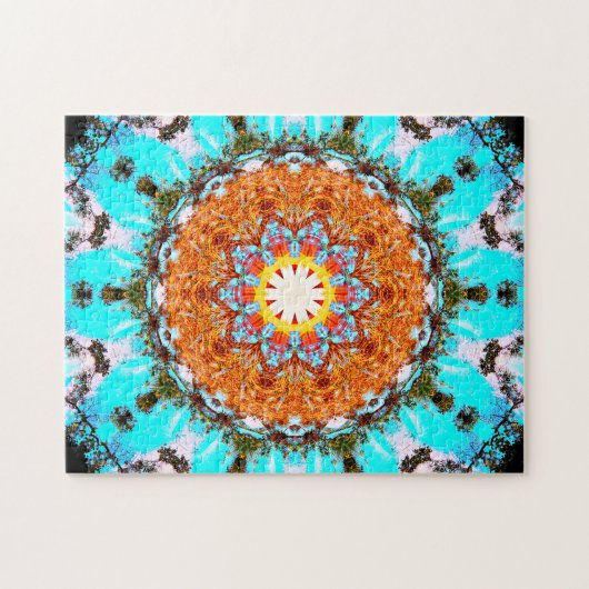 Helderblauw en Oranje Star-vormig Mandala Legpuzzel (Horizontaal)