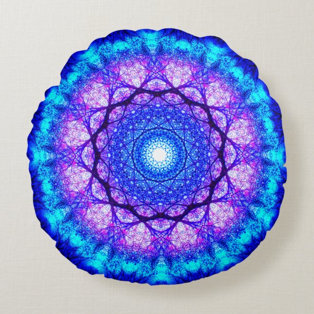 Helderblauw en Paars Mandala Rond Kussen (Voorkant)