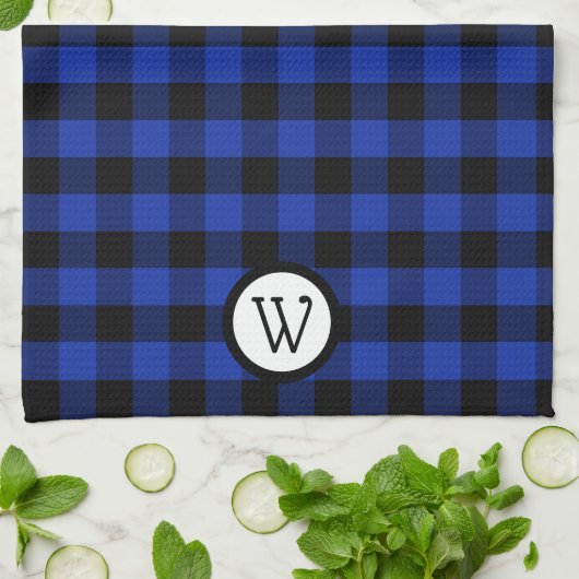 Helderblauw en zwart Buffel gespeeld met Monogram Theedoek (Gevouwen)