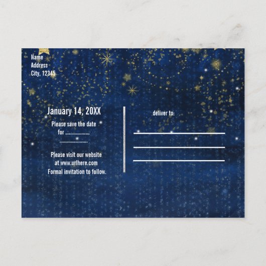 Helderblauw & Goud Sterrenhemel Save the Date Aankondigingskaart (Achterkant)