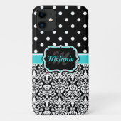 Helderblauw Monogrammed Damask Polka Dots Pattern Case-Mate iPhone Case (Achterkant)