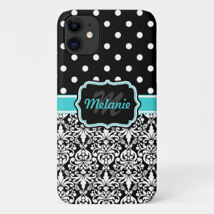 Helderblauw Monogrammed Damask Polka Dots Pattern Case-Mate iPhone Case