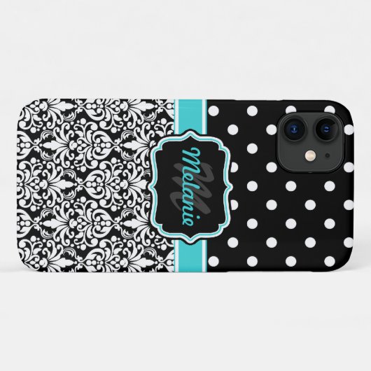 Helderblauw Monogrammed Damask Polka Dots Pattern Case-Mate iPhone Case (Achterkant (horizontaal))