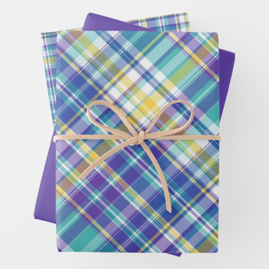 Helderblauw, Paarse, groene, geel & wit geplakt Inpakpapier Vel (In situ)