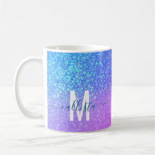 Helderblauw Paarse Sparkly Glitter Ombre Monogram Koffiemok