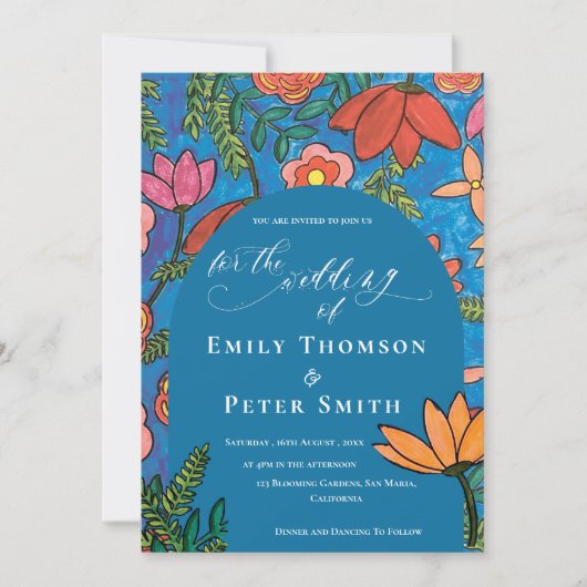 Helderblauw Sinaasappel Hand getrokken bloemenbrui Kaart (Voorkant)