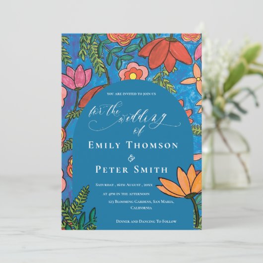 Helderblauw Sinaasappel Hand getrokken bloemenbrui Kaart (Staand voorkant)