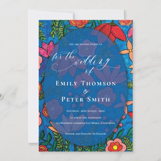 Helderblauw Sinaasappel Hand getrokken bloemenbrui Kaart (Voorkant)