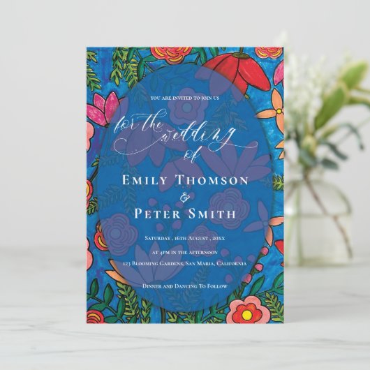 Helderblauw Sinaasappel Hand getrokken bloemenbrui Kaart (Staand voorkant)