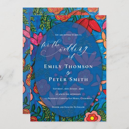 Helderblauw Sinaasappel Hand getrokken bloemenbrui Kaart (Voorkant / Achterkant)