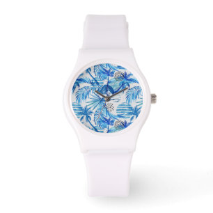 Helderblauw tropisch Waterverf Horloge